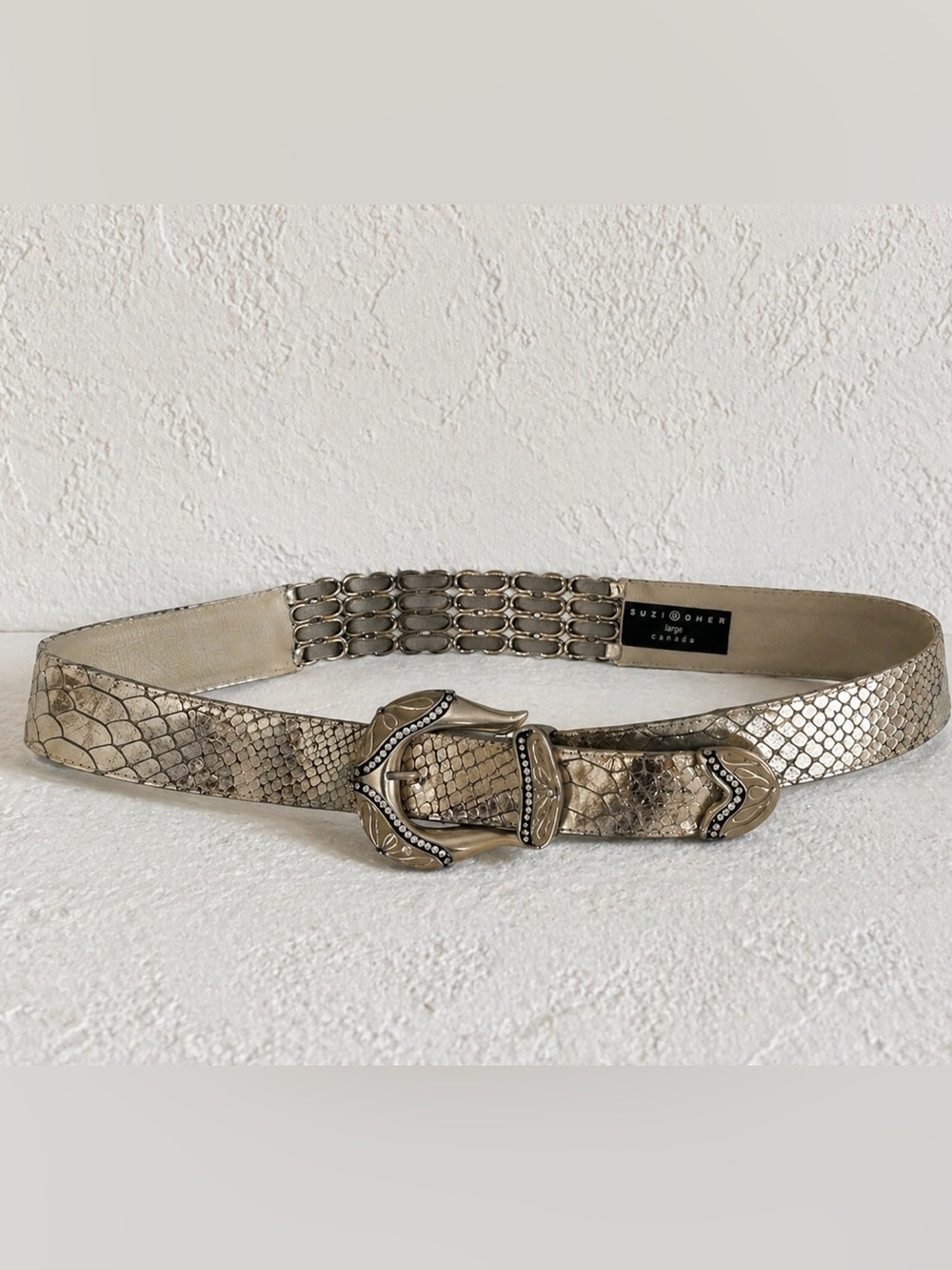 Suzi Roher Snake Print Stretch Belt Gold Western Buckle 38–42”